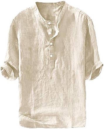 Ryannology Erkek Keten Gömlek Henley 3/4 Kollu Rahat pamuklu tişört Düzenli Fit Hafif Plaj Yoga Tunik Üstleri