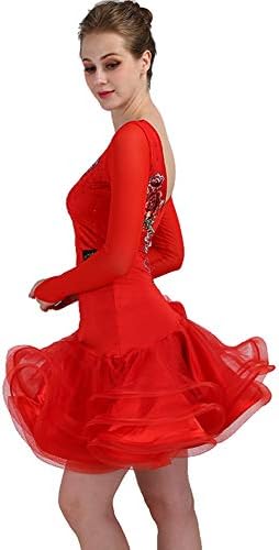 NAKOKOU kadın Latin Dans Elbiseler Spandex Organze Kristaller Ekleme Çiçek Ruffles Uzun Kollu