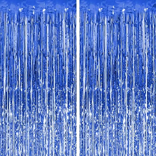 PartyForever 3.2 ft x 8.3 ft Mavi Folyo saçak perdeleri (2 paket) - Metalik fotoğraf kabini Tinsel zemin kapı Perdeleri-Bekarlığa