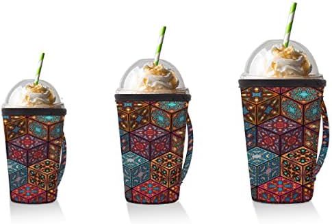 Etnik Çiçek Trippy Mandala Kullanımlık Buzlu Kahve Kollu Kolu Neopren kupa kılıfı Soda, Latte, Çay, İçecekler, Bira (Küçük