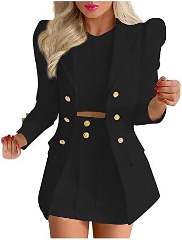 Bayan 2 Parça Blazer Seti, şişirilmiş Kollu Yaka Açık Ön İş Blazers Takım Elbise Mini Etek Cepler ile İş Kıyafetleri