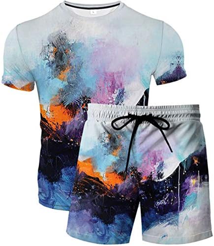 Honeystore erkek Renkli Baskı Atletik Jogger Setleri Üst T-Shirt ve Şort Eşofman