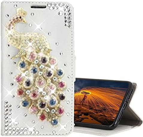 Glitter Cüzdan Telefon Kılıfı Samsung Galaxy S22 Ultra 2022 ile uyumlu, AS-Zeke 3D El Yapımı Serisi Tavuskuşu Taklidi Kristal