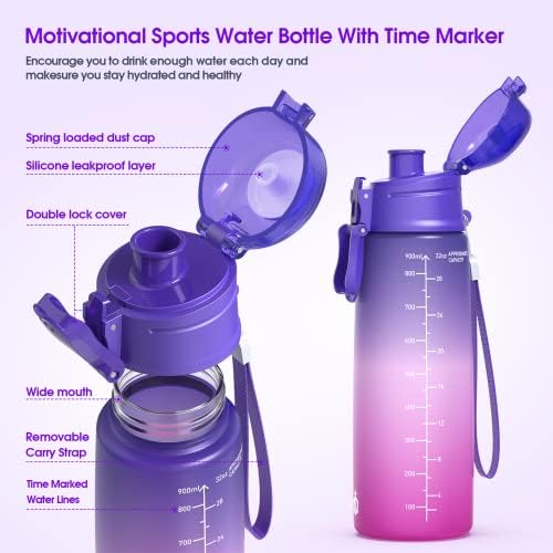 Y & 3 32 oz Motivasyon Fitness Spor Su Şişesi İle Zaman İşaretleyici, BPA Ücretsiz Tritan Plastik, Sızdırmaz Flip Top, Spor