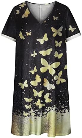 Kadınlar için yaz V Yaka Elbise Baskılı Kısa Kollu Jartiyer Cepler Kazak Elbise1