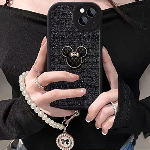İnci Zincirli Şık 3D Fare Siyah iPhone 11 Kılıfı, Kadınlar için Zarif İnci Papyon Bilezik Kolye ile Sevimli Fareler Yumuşak