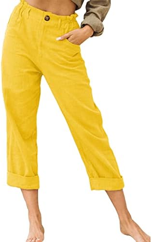 Yaz Keten Pantolon Kadınlar için Kırpılmış Rulo Hem Geniş Bacak Kapriler Sweatpants Düz Renk Düğmesi Streç plaj pantolonları