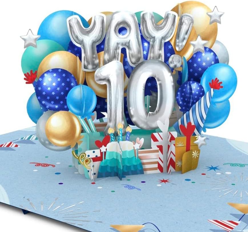 Liif Mavi Balonlar Mutlu 10th doğum günü kartı / 3D Tebrik Pop Up Birtday Kart İçin 10 Yeas Eski Çocuk, Oğlu, Torunu, Yeğeni