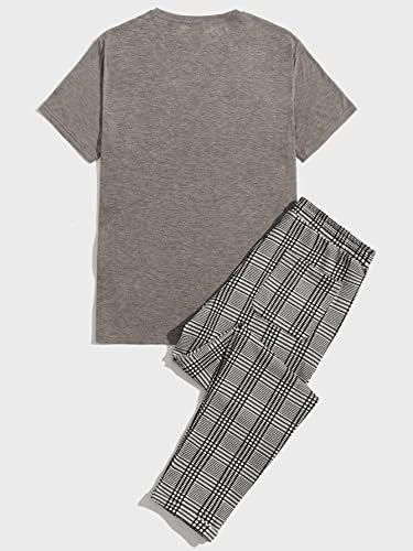 FİOXA İki Parçalı Kıyafetler Erkekler için Mektup Grafik Tee ve Ekose İpli Bel Pantolon (Renk: Çok Renkli, Boyutu: Büyük)