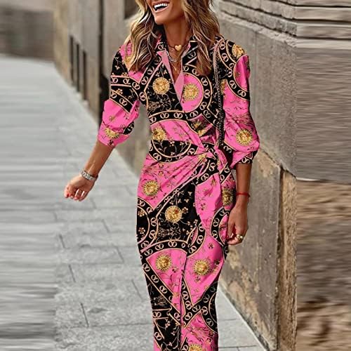 NOKMOPO Kadın Sonbahar Elbiseler Sonbahar Moda Baskılı Gömlek Yaka Uzun Kollu Kravat Orta Uzunlukta Elbise Örgü Kokteyl Elbisesi
