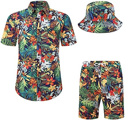 MCEDAR erkek havai gömleği ve Kısa 2 Parça Tatil Kıyafetler Setleri Casual Düğme Aşağı Plaj Çiçek Takım Elbise Kova Şapka