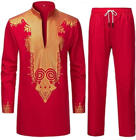 LAXX erkek 2 Parça Afrika Dashiki Gömlek, geleneksel Tribal Desen Baskılı Uzun Kollu Kazak Pantolon Seti
