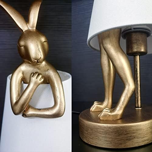 NorDiem Sevimli Tavşan Hayvan Masa lambası, Altın Reçine Tavşan Dekor LED masa ışığı, Beyaz / Siyah Keten Gölge, 15.7, ev